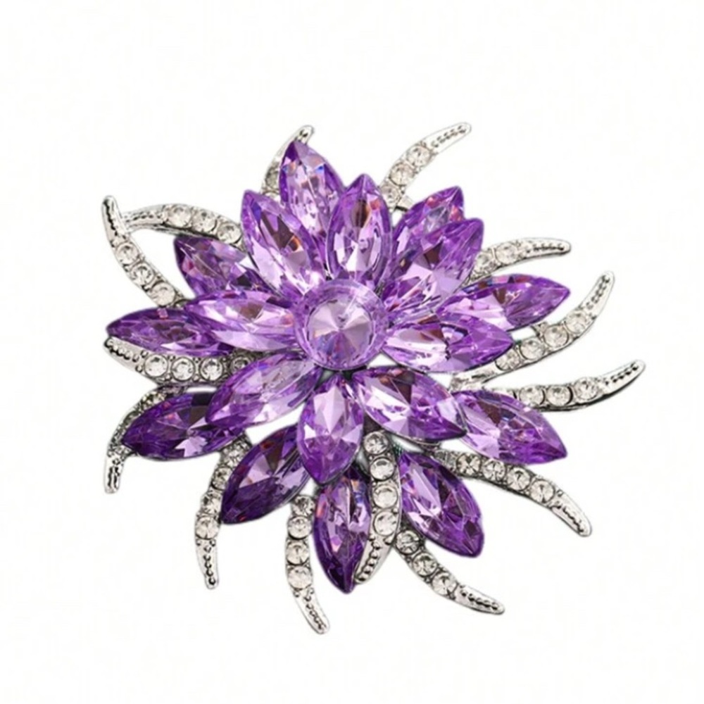 Purple Rhinestone Crystal Bouquet Flower Corsage Scarf Clips Brooches (NWOT)